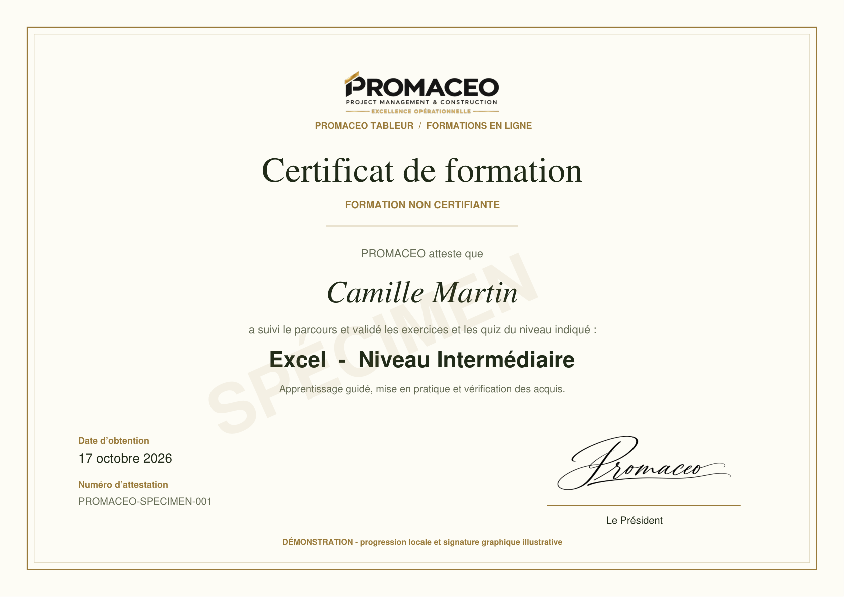 Spécimen du certificat PROMACEO TABLEUR, formation non certifiante Excel niveau intermédiaire, avec nom fictif, date, logo et signature graphique du Président.